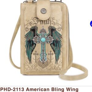 Faith Cross Wing Beige Crossbody Phone Bag